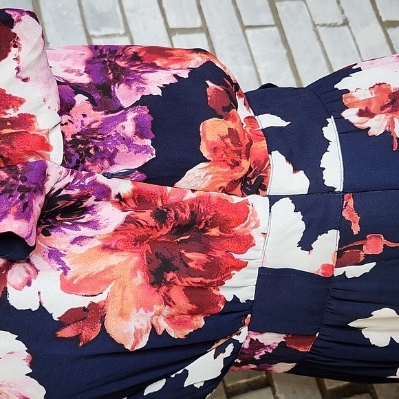 DR2 Navy and Pink Floral V-Neck 3/4 Sleeve Shift Dress Size Small Lined Pockets - Picture 3 of 13